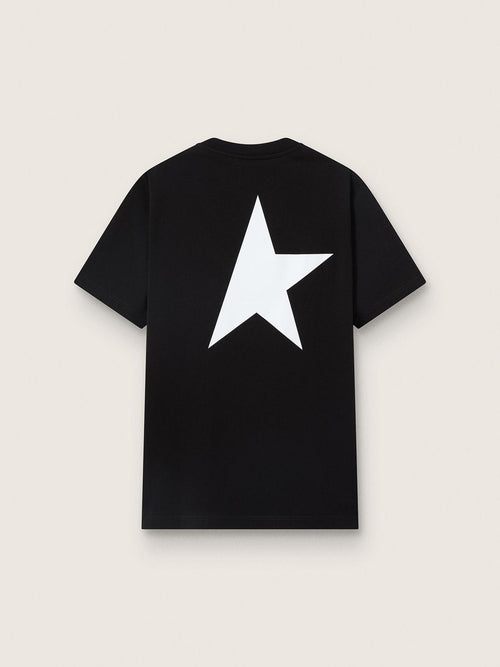 Men's black T-shirt with contrasting white logo and star