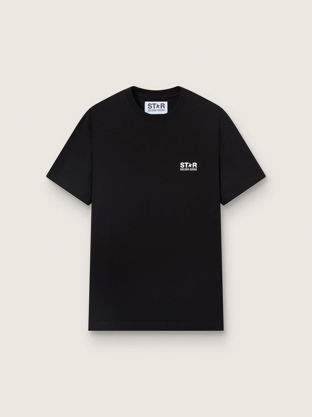 Men's black T-shirt with contrasting white logo and star