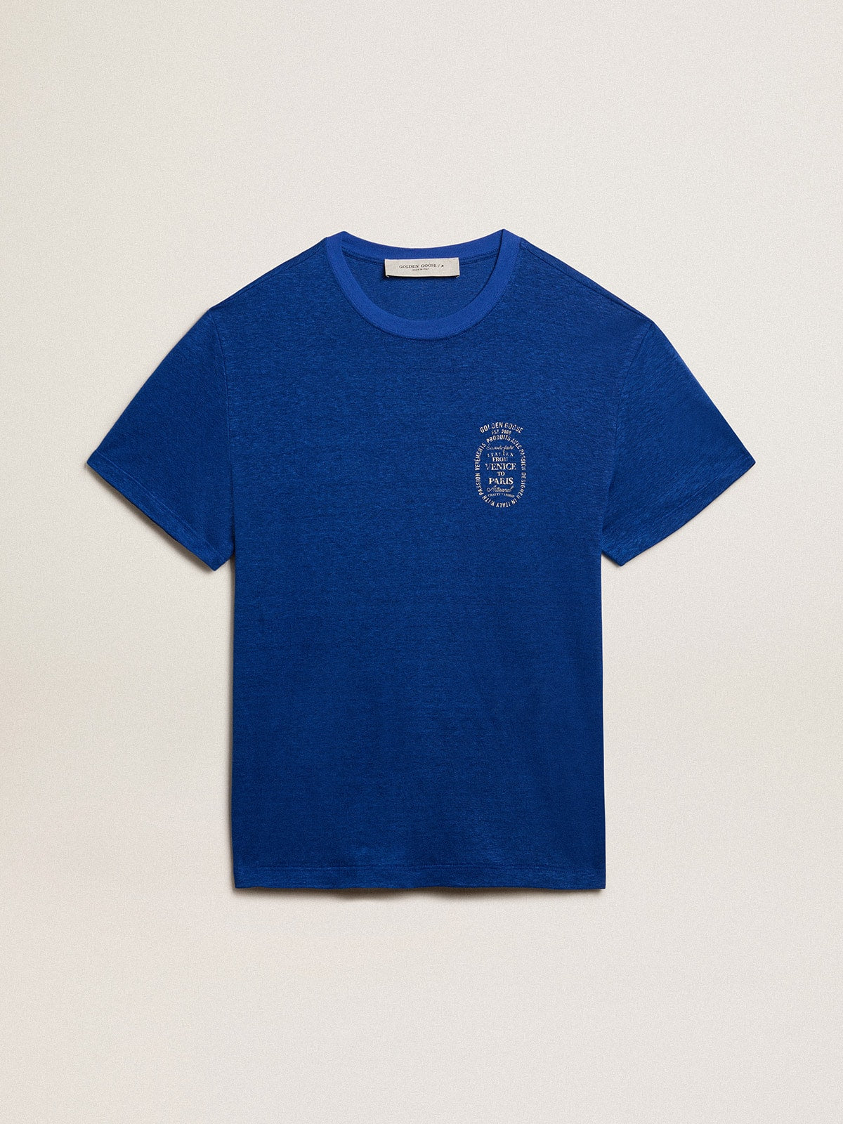 Men’s blue-colored linen T-shirt with print on the chest