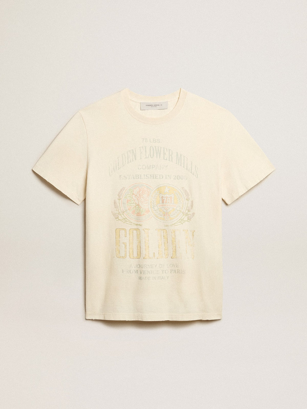 Men’s aged white cotton T-shirt with print on the front