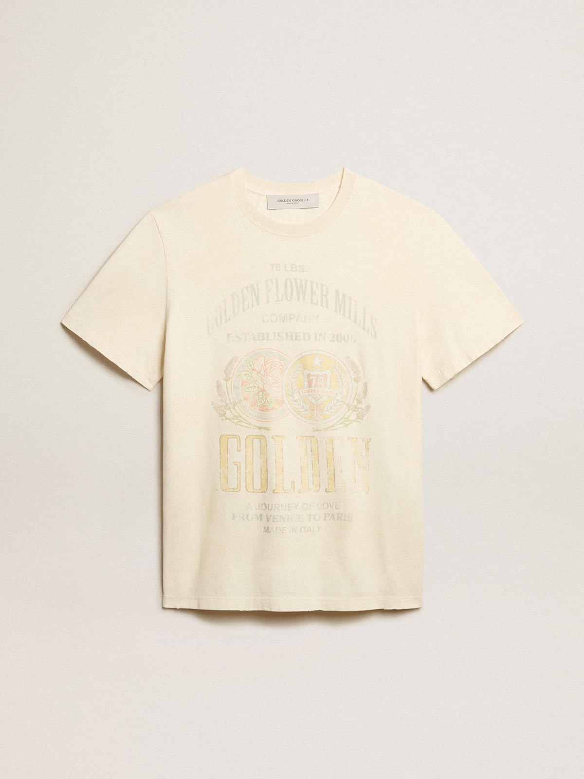 Men’s aged white cotton T-shirt with print on the front