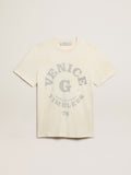 Men’s cotton T-shirt in aged white with faded lettering