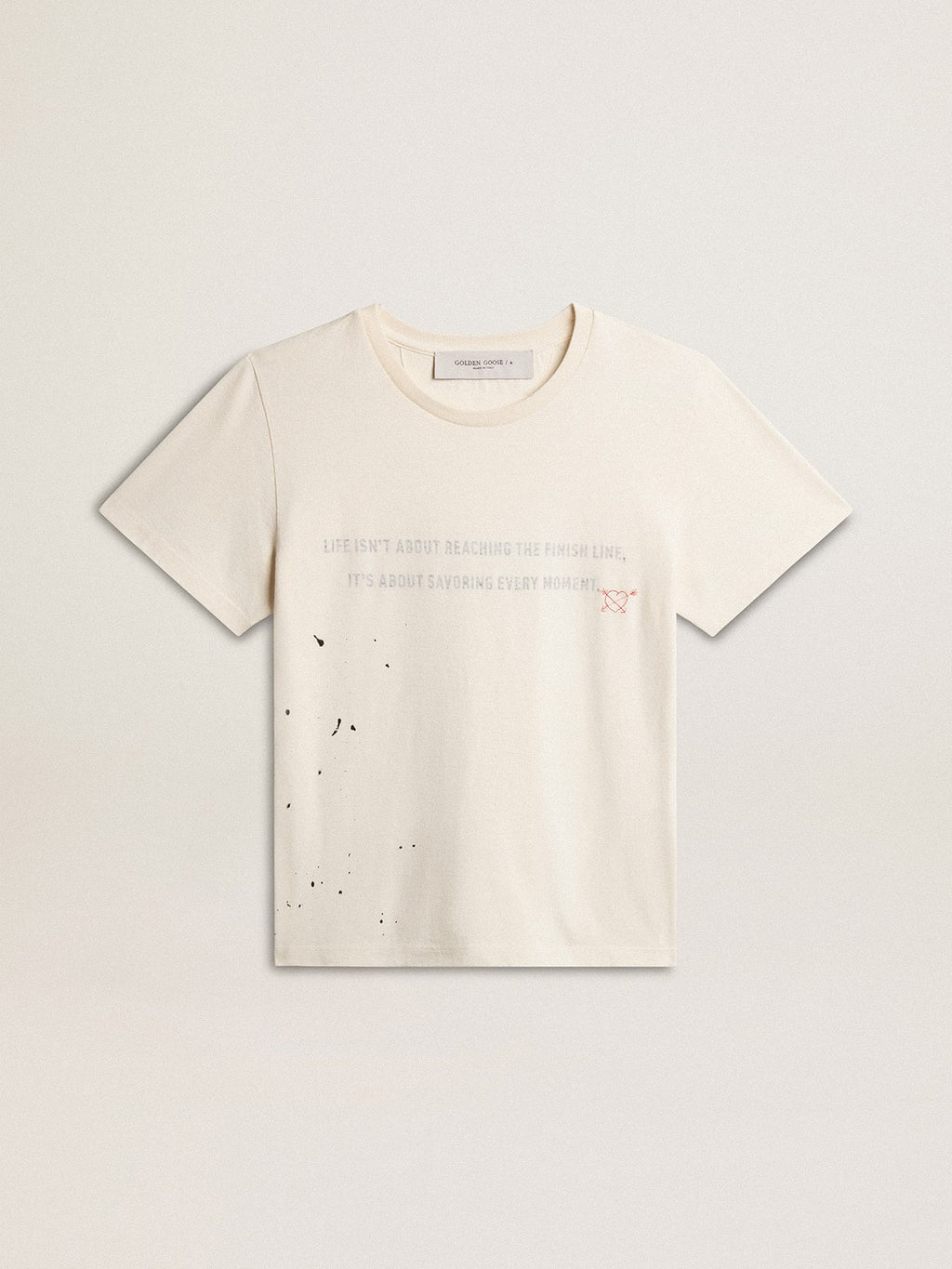 Men's T-shirt in aged white cotton with print and embroidery