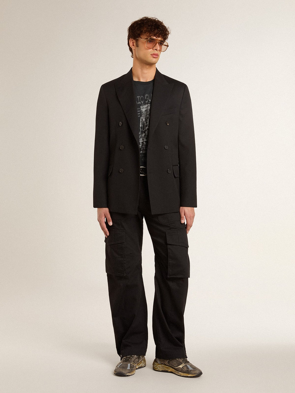 Men’s worn-black cotton T-shirt with print on the front