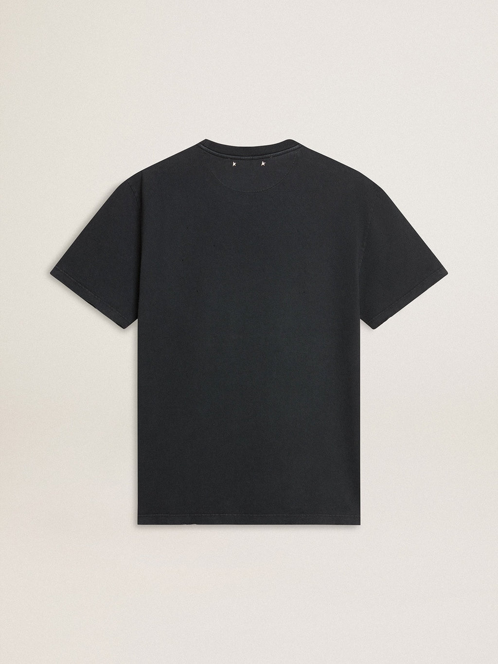 Men’s worn-black cotton T-shirt with print on the front