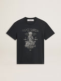 Men’s worn-black cotton T-shirt with print on the front