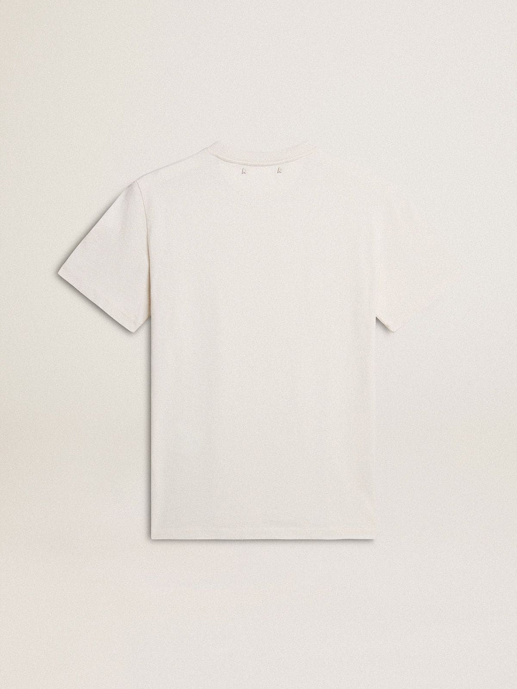 Men's worn-white cotton T-shirt with black lettering