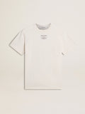 Men's worn-white cotton T-shirt with black lettering
