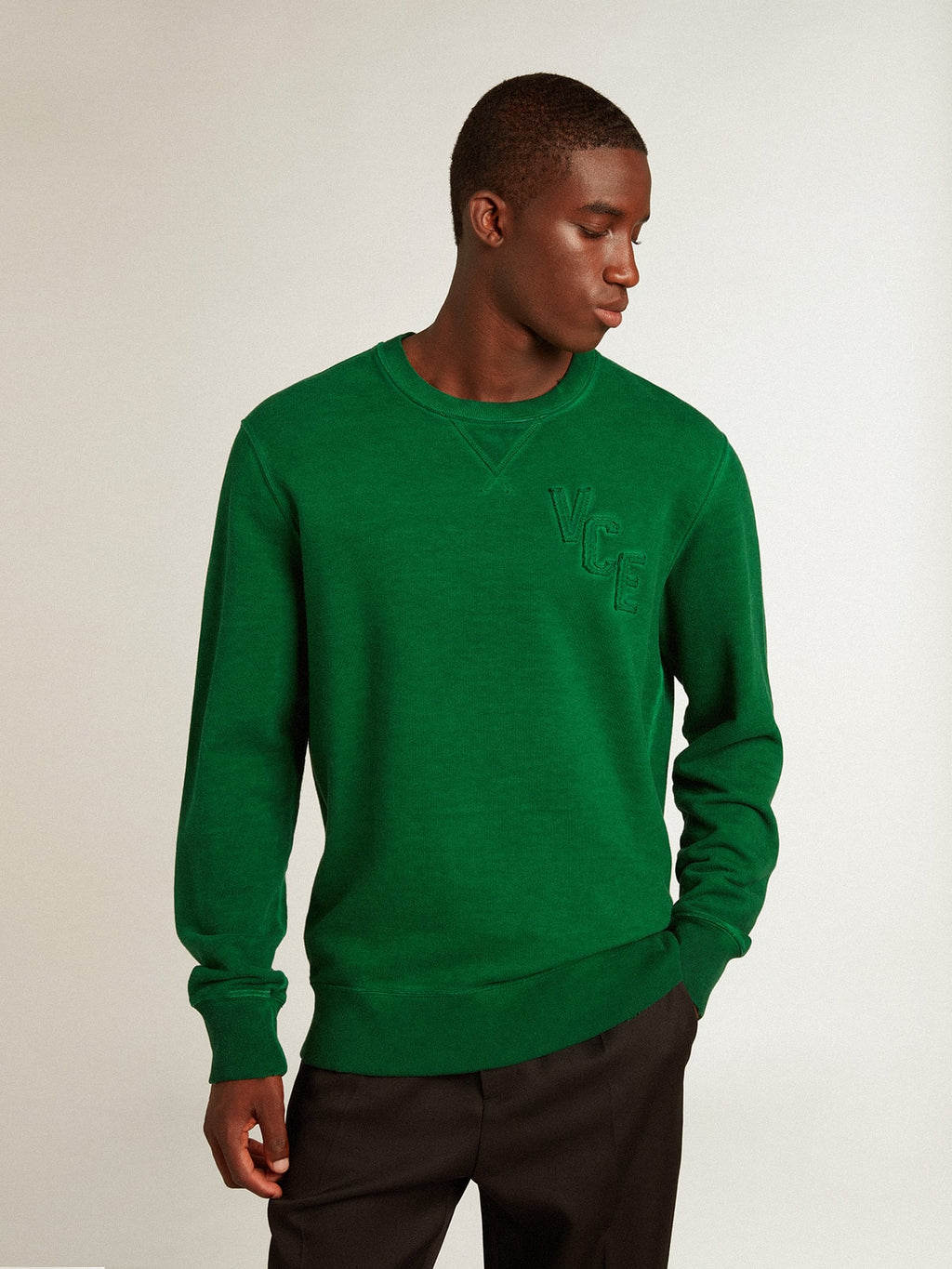 Round-neck sweatshirt in green cotton fleece