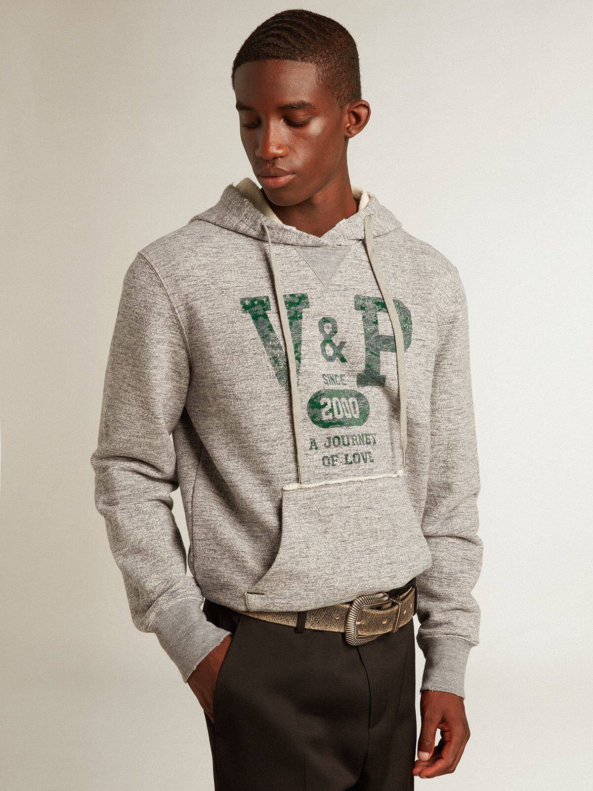 Gray hooded sweatshirt with front pocket