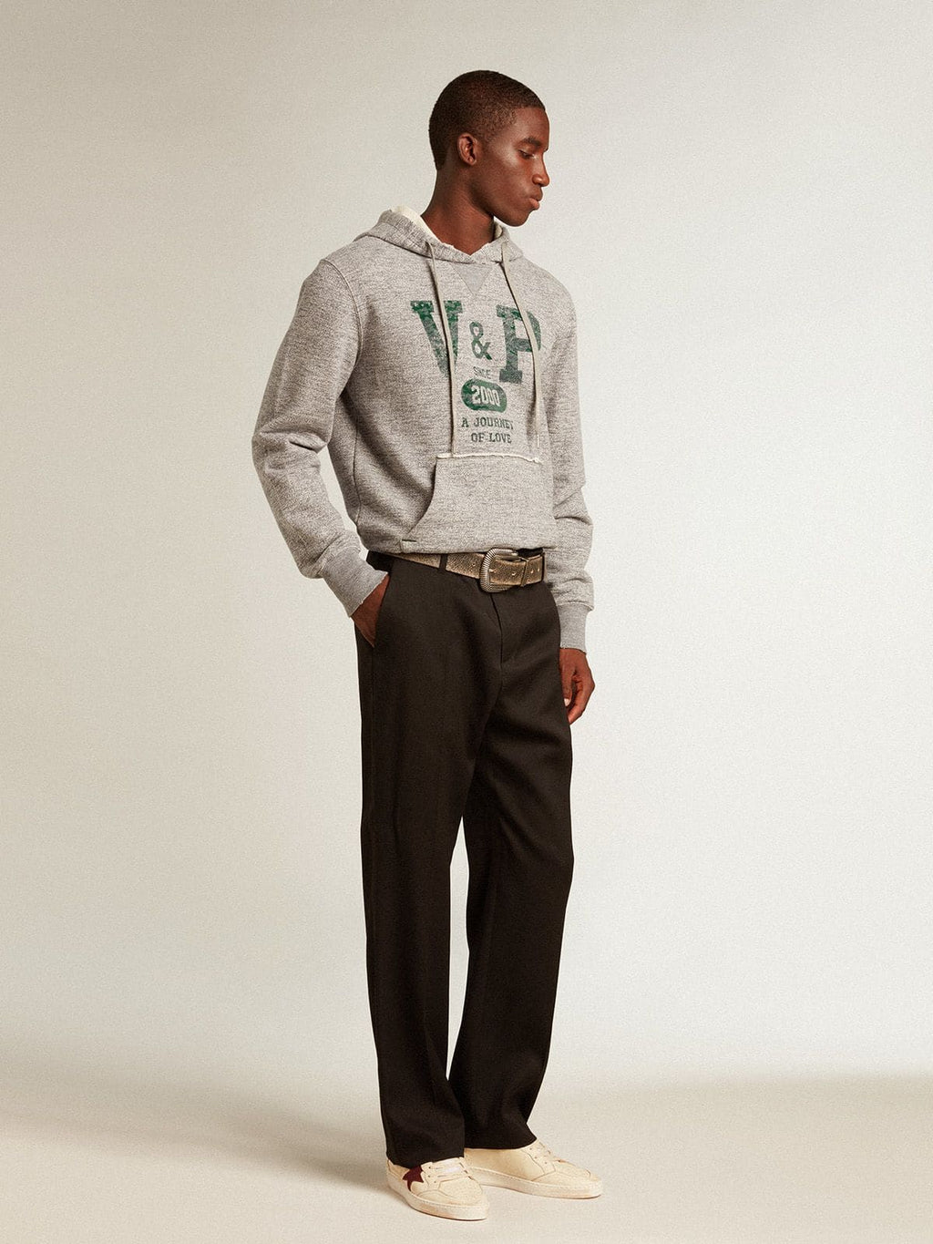 Gray hooded sweatshirt with front pocket