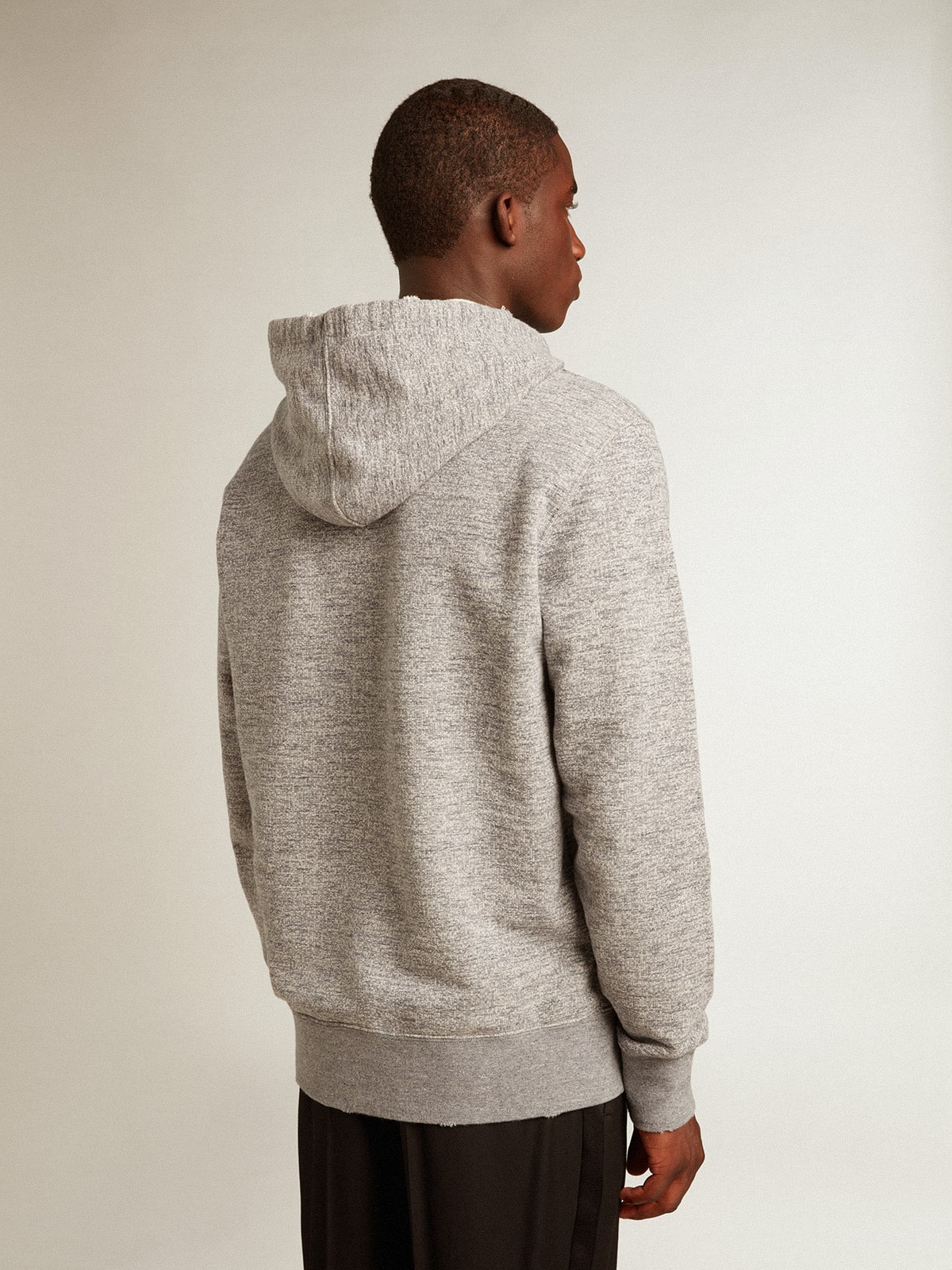 Gray hooded sweatshirt with front pocket
