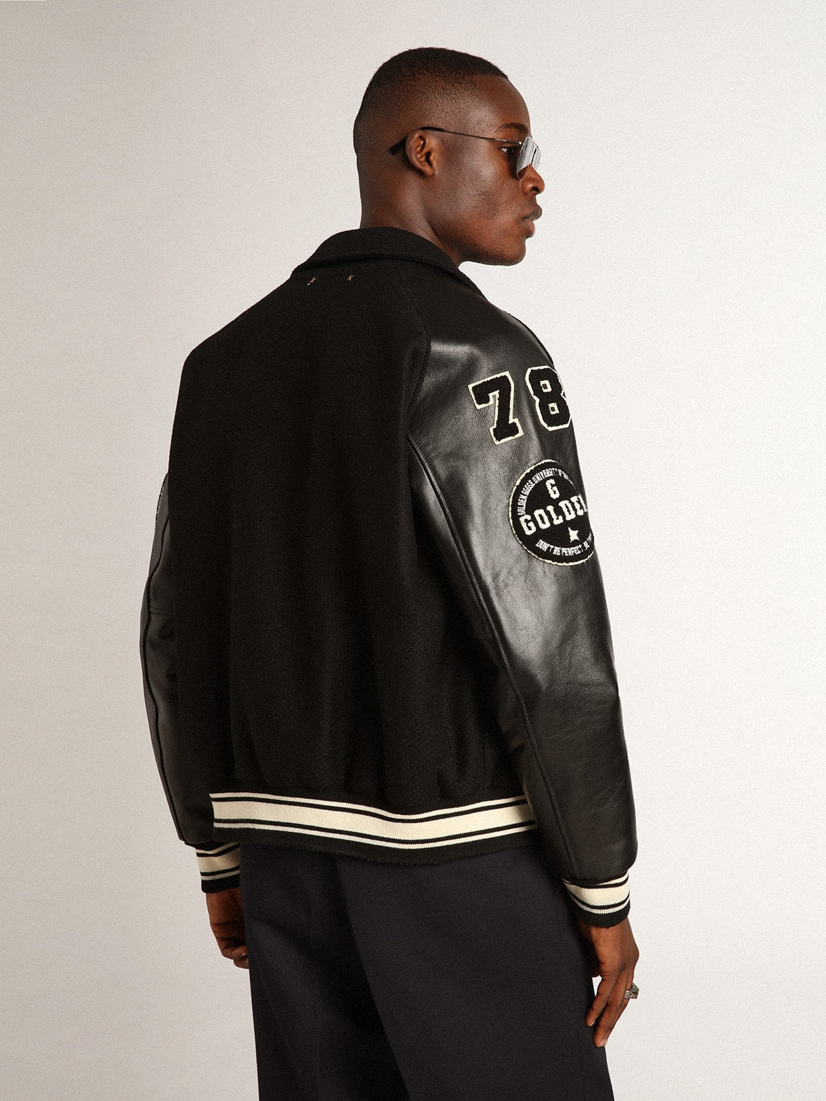 Black wool bomber jacket with patch