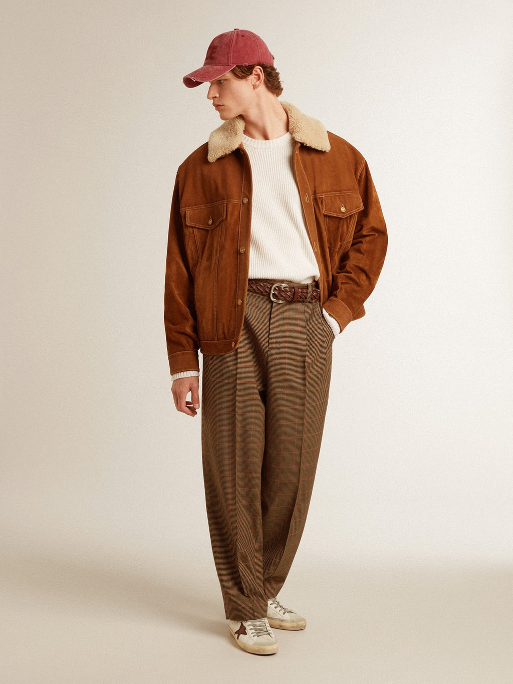Men's crew-neck sweater in worn white ribbed wool