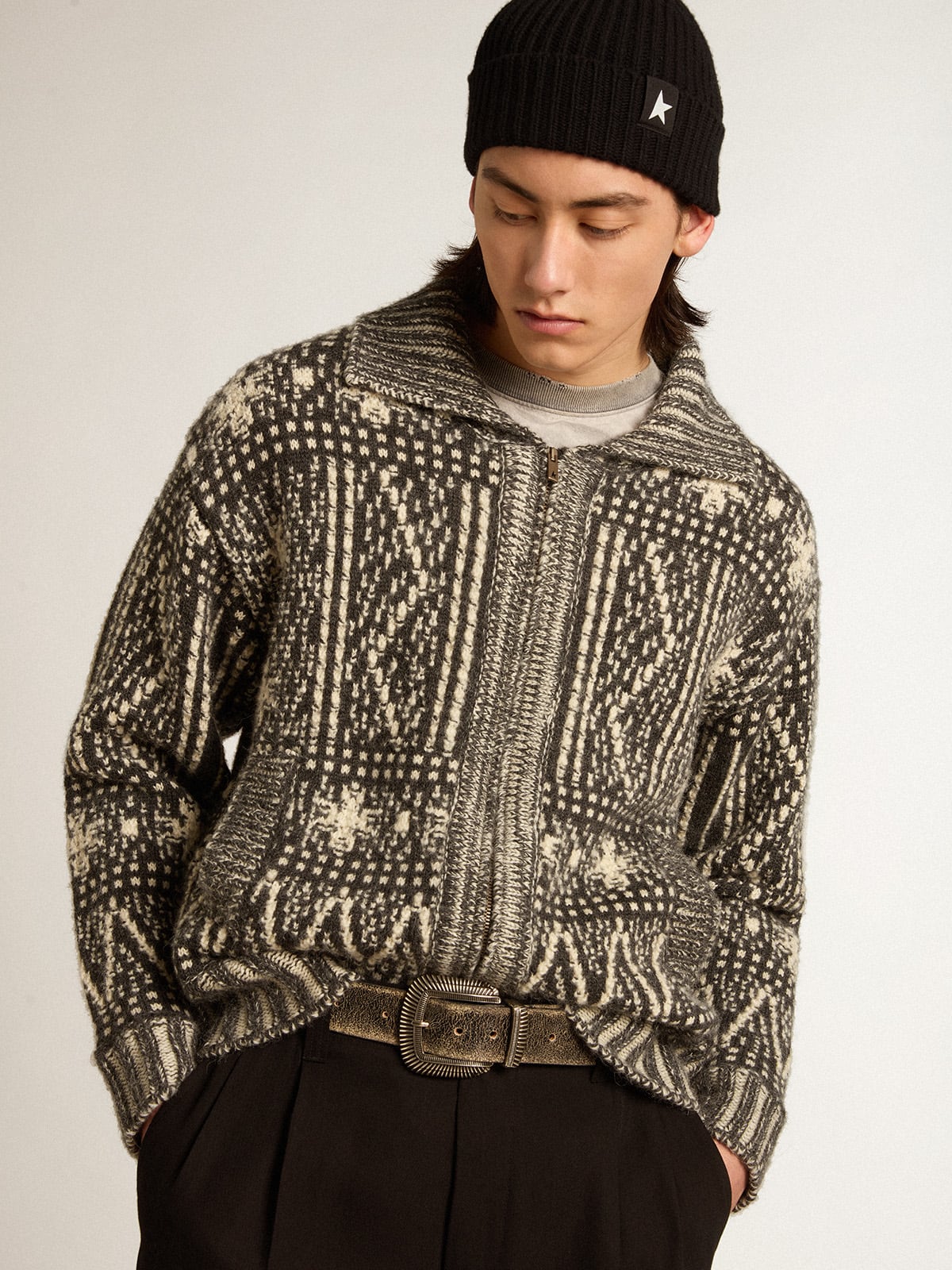 Cardigan with dark gray Fair Isle pattern
