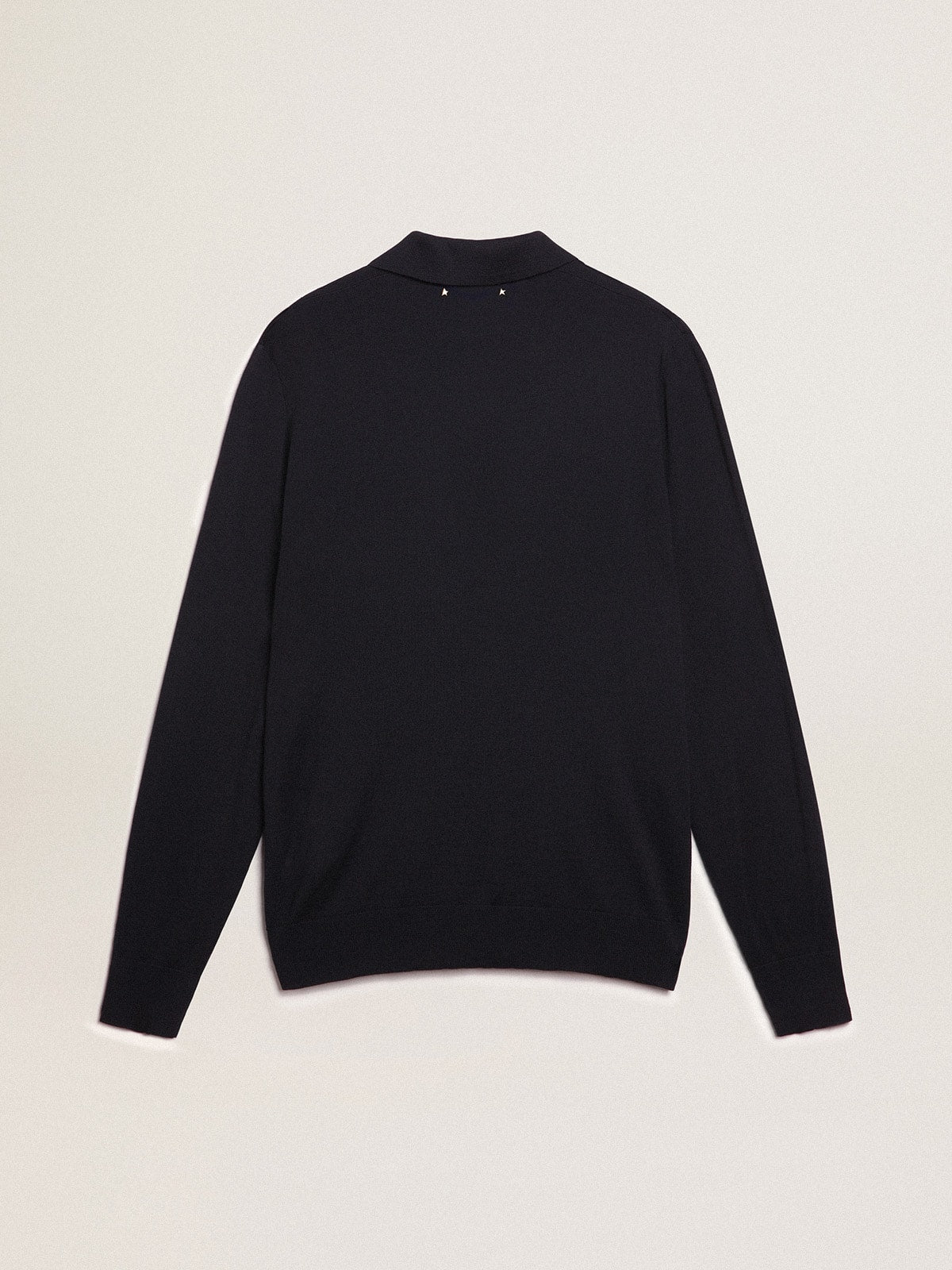Men’s long-sleeved polo shirt in navy-blue merino wool