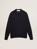 Men’s long-sleeved polo shirt in navy-blue merino wool