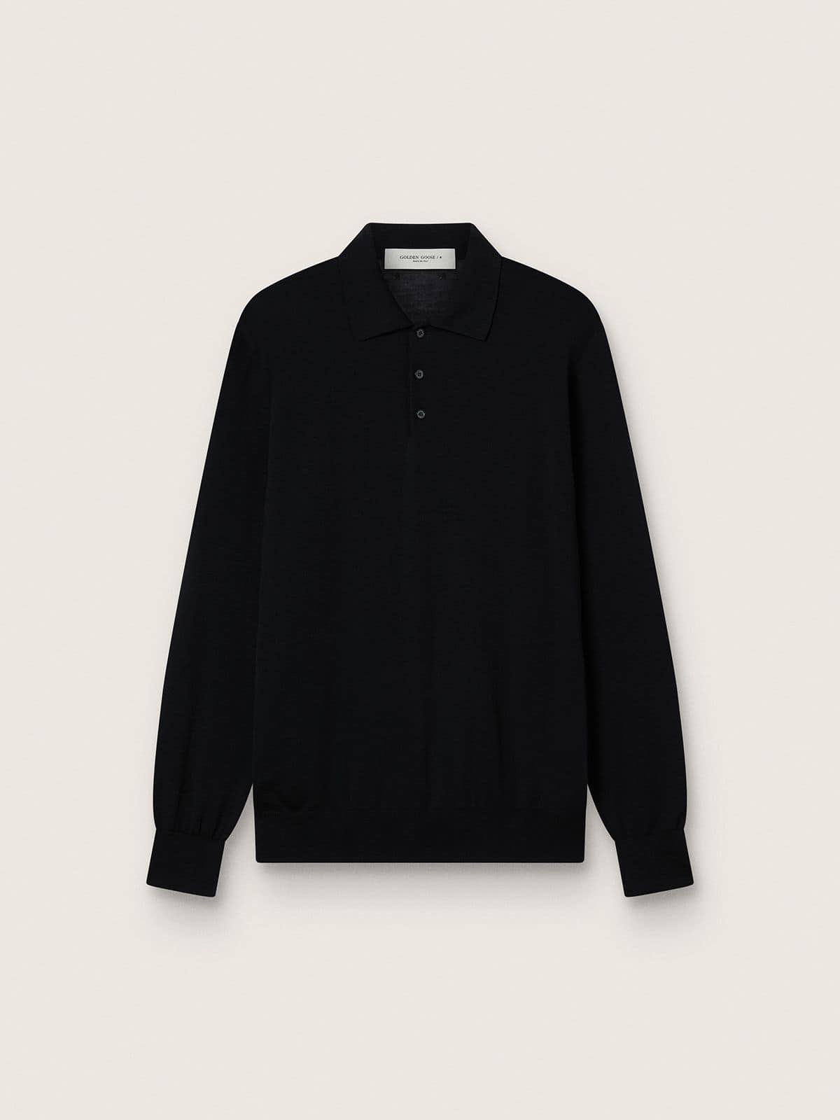 Men’s long-sleeved polo shirt in black merino wool