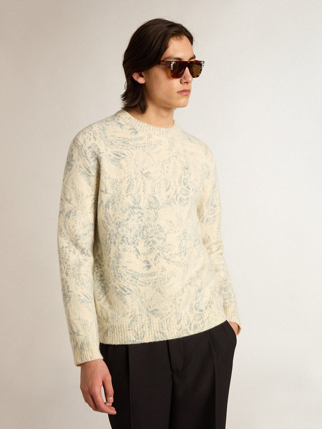 Men’s round-neck sweater in wool with all-over toile de jouy pattern