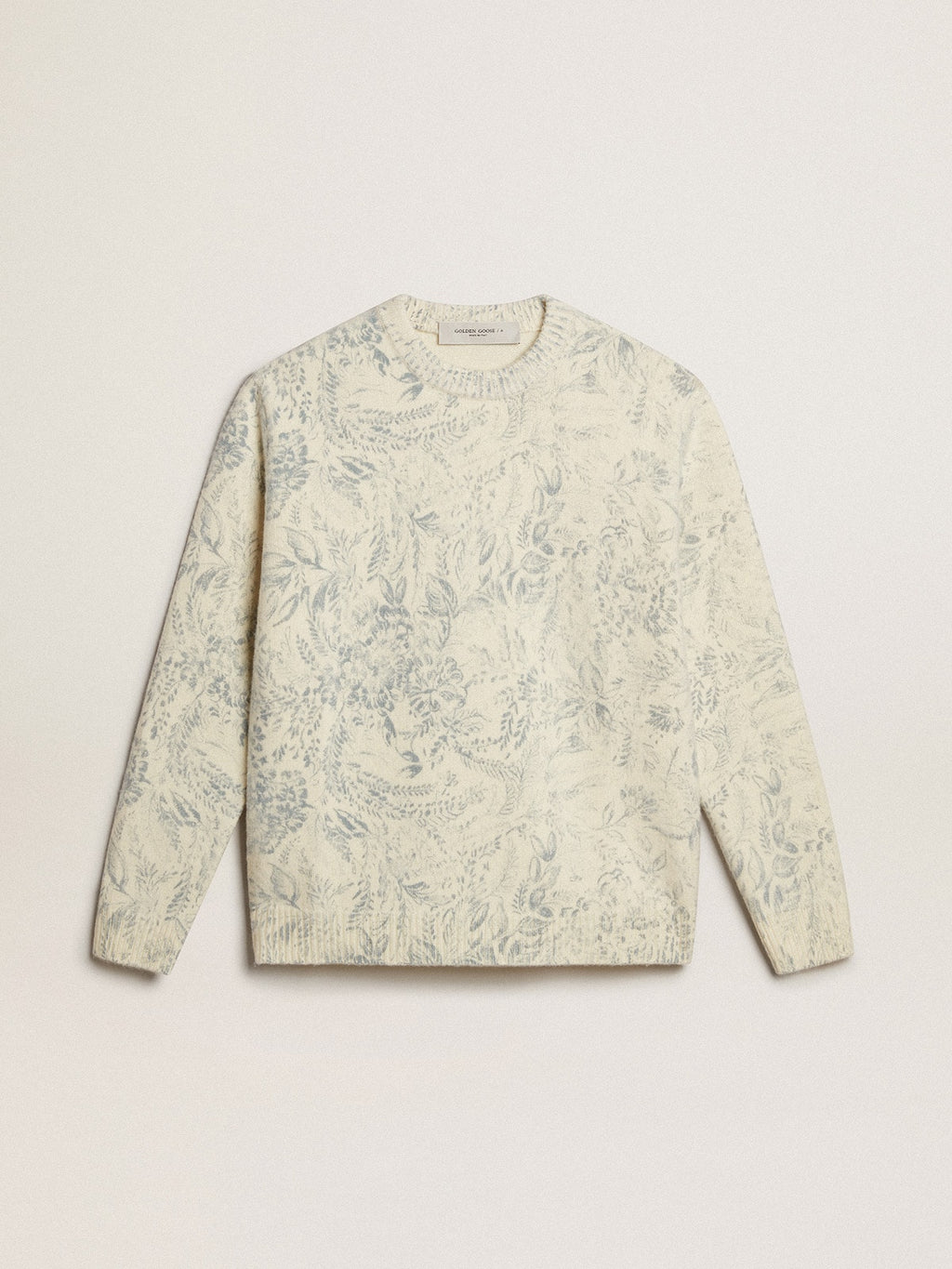 Men’s round-neck sweater in wool with all-over toile de jouy pattern