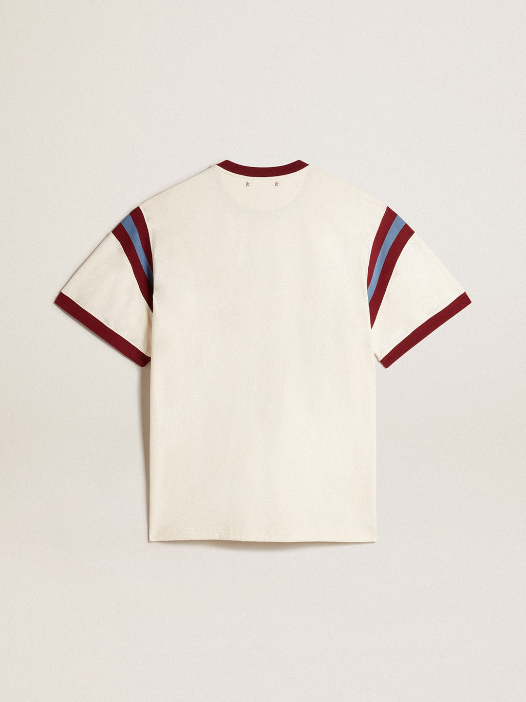Men’s white T-shirt with burgundy lettering on the front