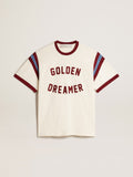 Men’s white T-shirt with burgundy lettering on the front