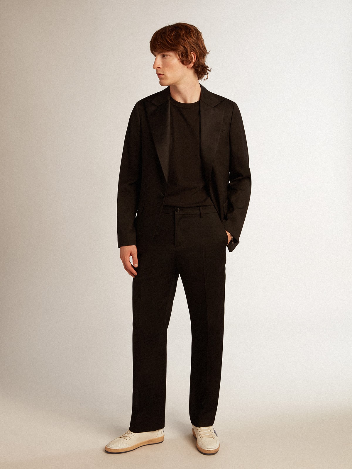 Men’s tuxedo pants in black wool gabardine