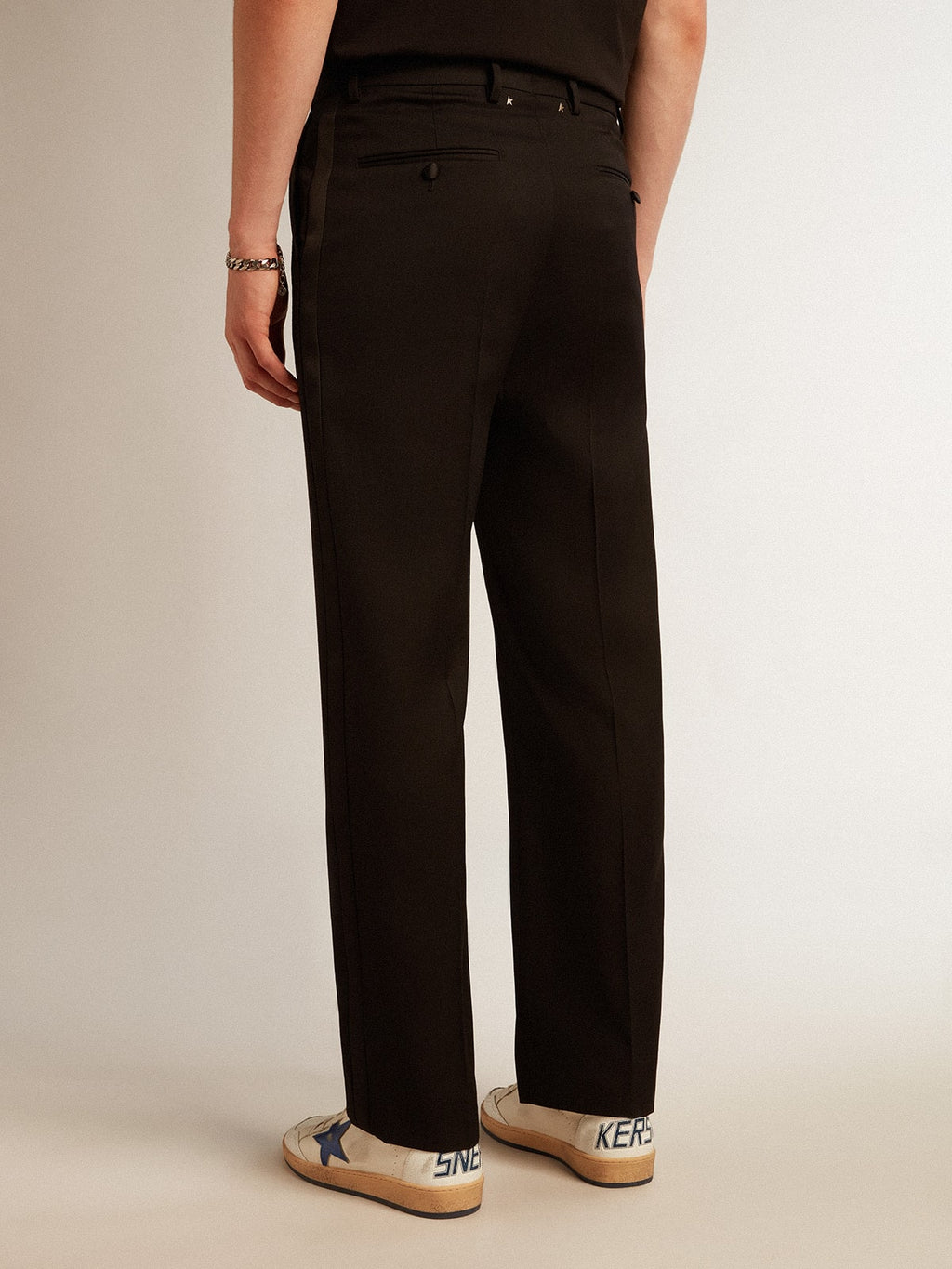 Men’s tuxedo pants in black wool gabardine