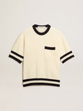 Men's short-sleeved sweater in vintage white with blue rib knit
