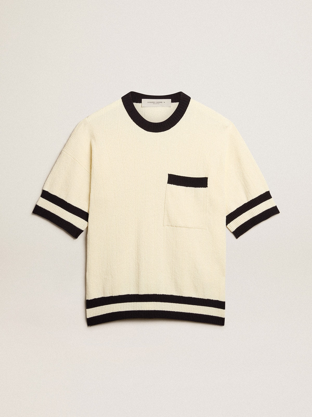 Men's short-sleeved sweater in vintage white with blue rib knit
