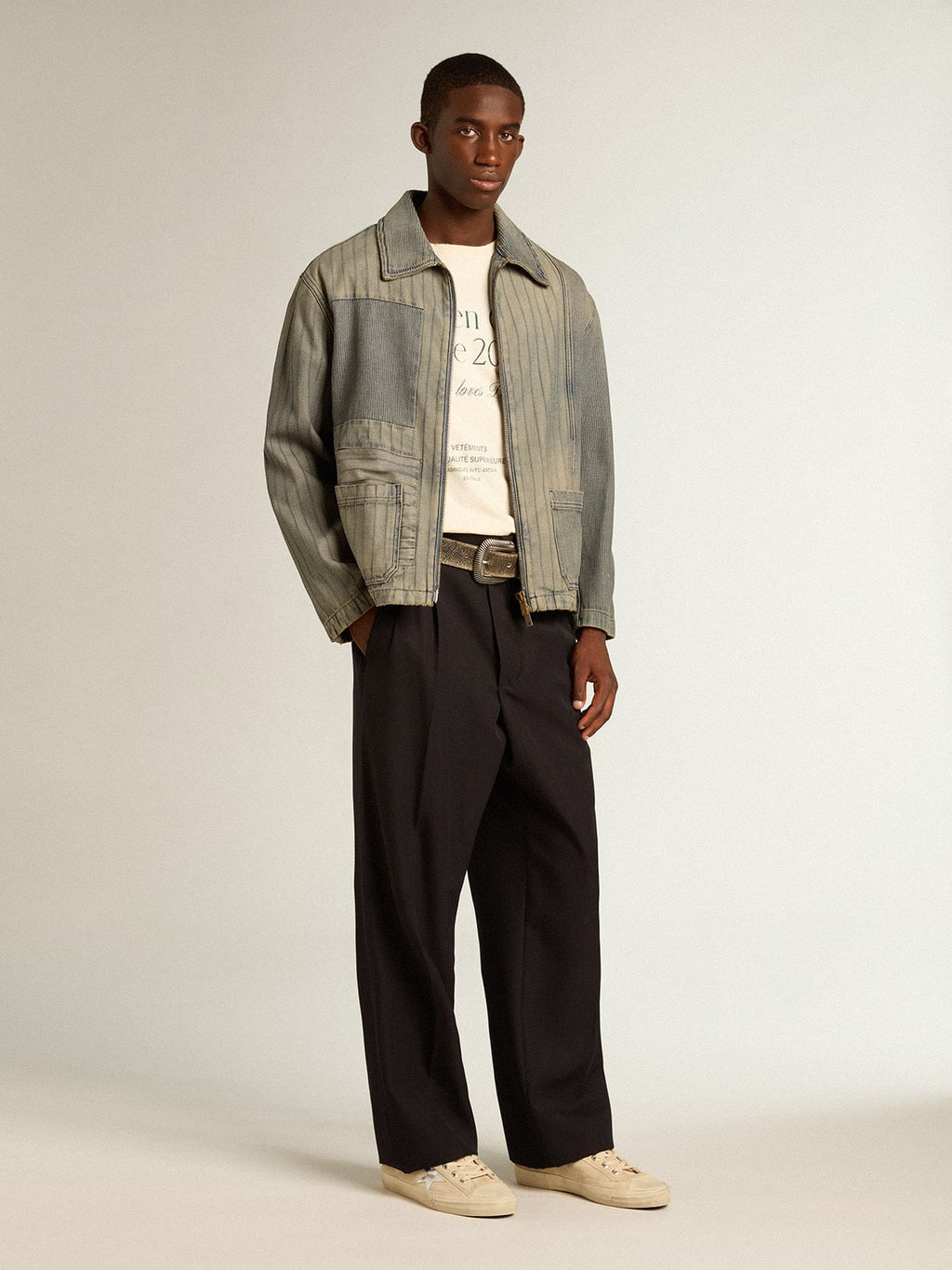 Men’s denim jacket with stripes and patches on the front