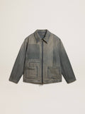 Men’s denim jacket with stripes and patches on the front