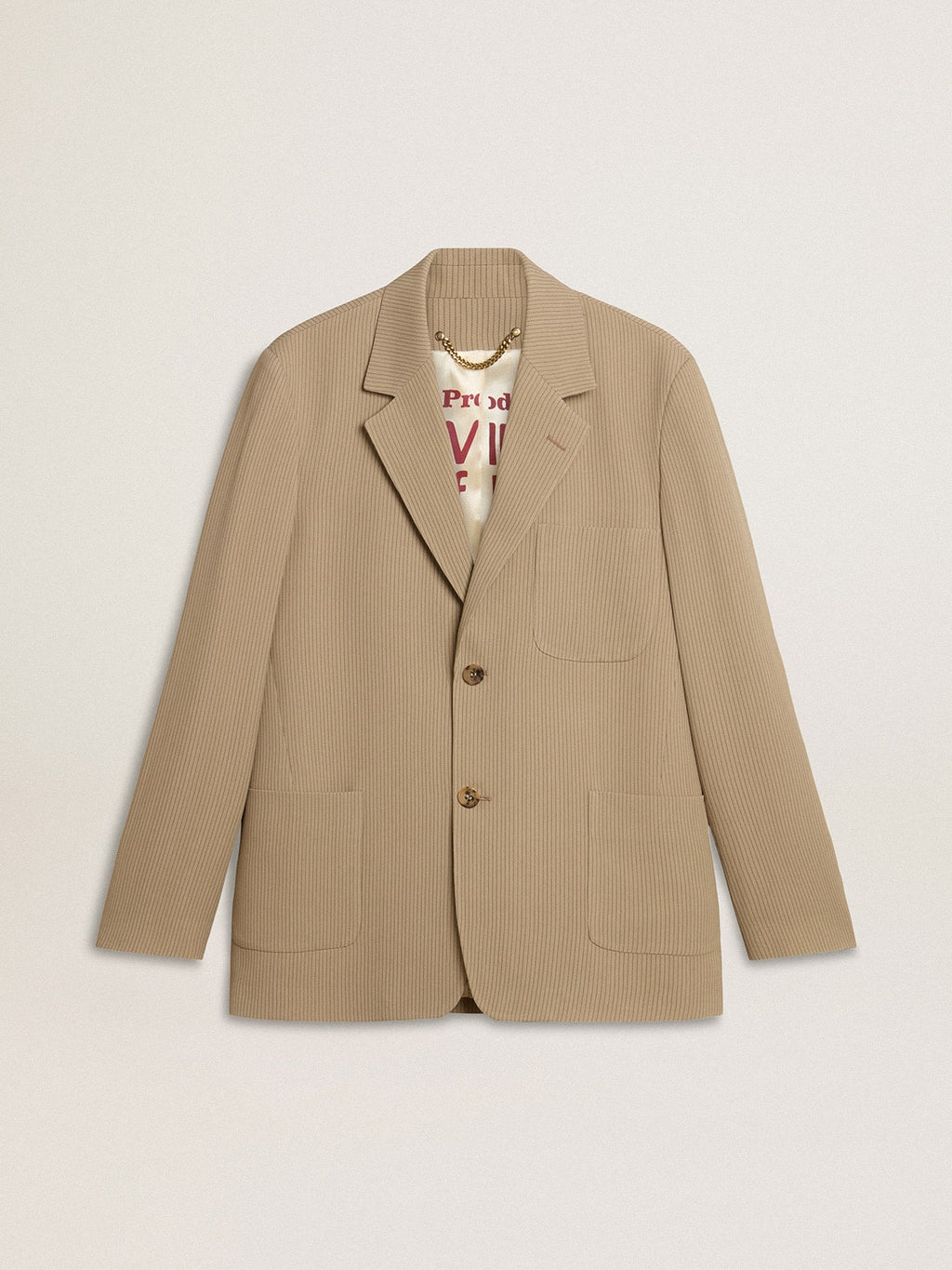 Men's beige pinstripe single-breasted jacket with an oversized fit