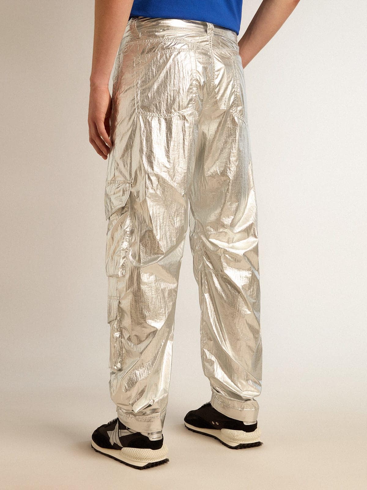 Men's cargo pants in silver technical fabric