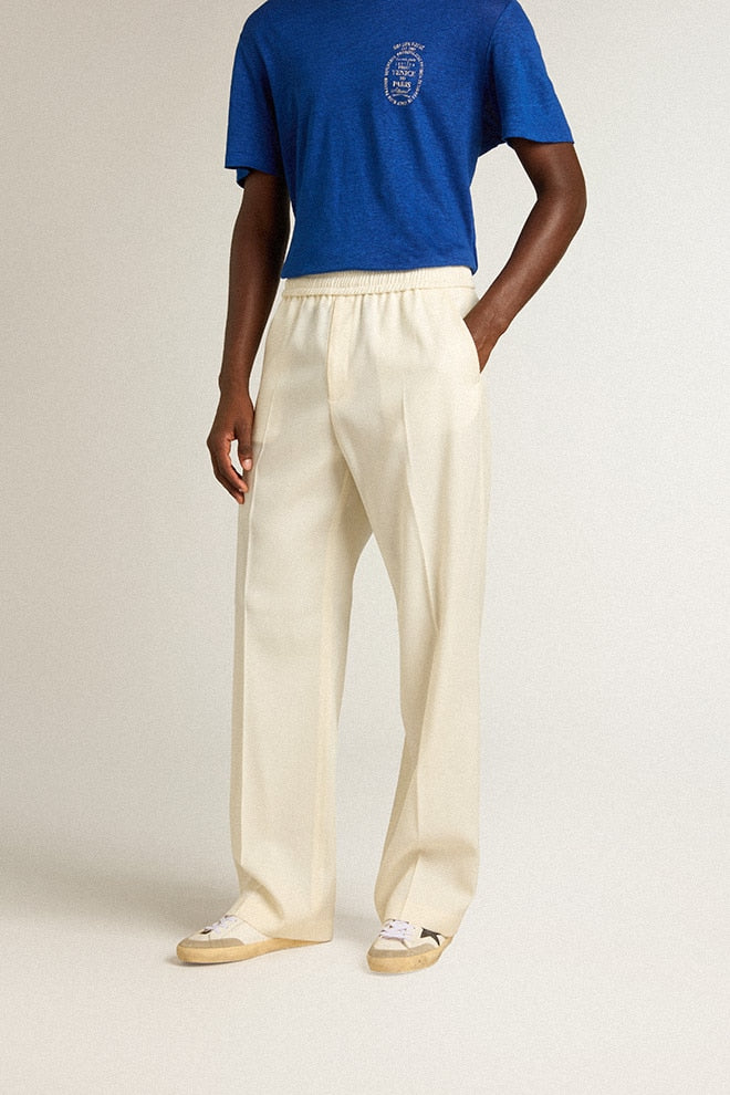 Men’s aged white wool gabardine joggers