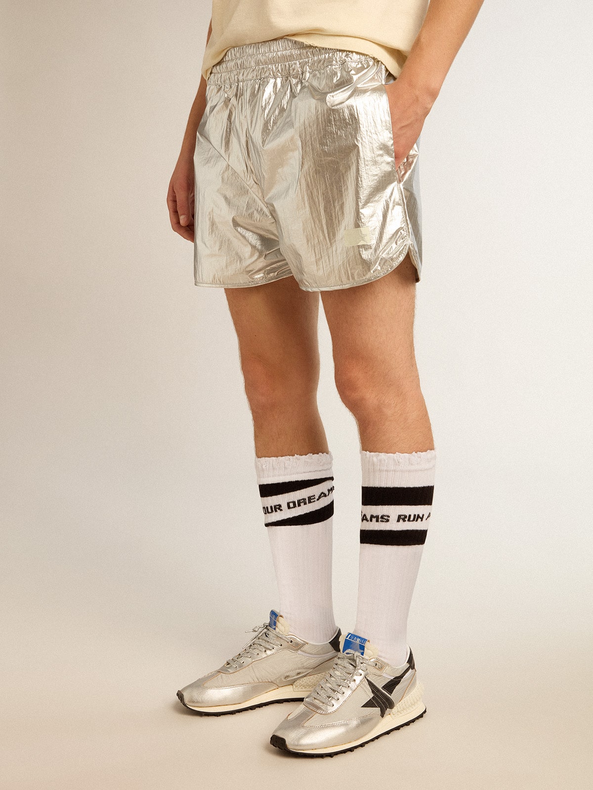 Men's running shorts in silver fabric