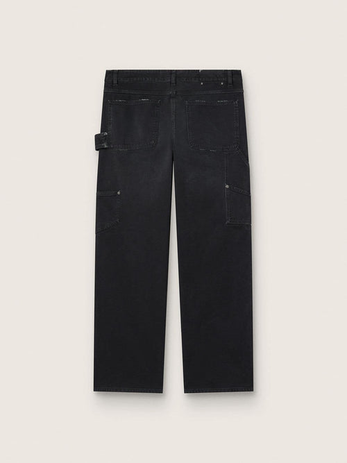 Men's distressed black cotton jeans with front patches