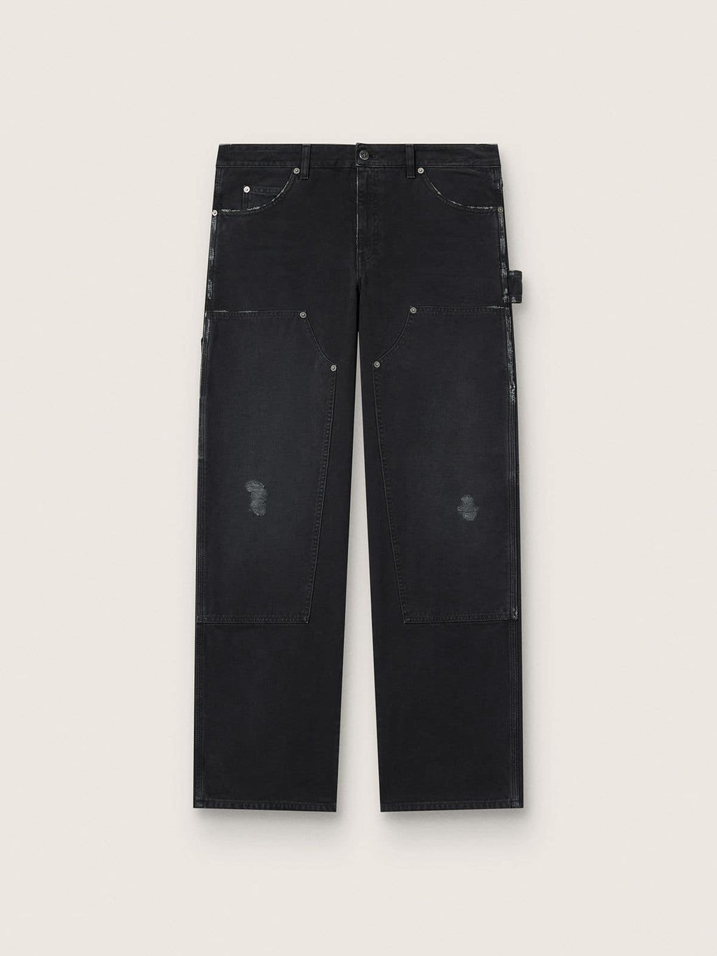 Men's distressed black cotton jeans with front patches