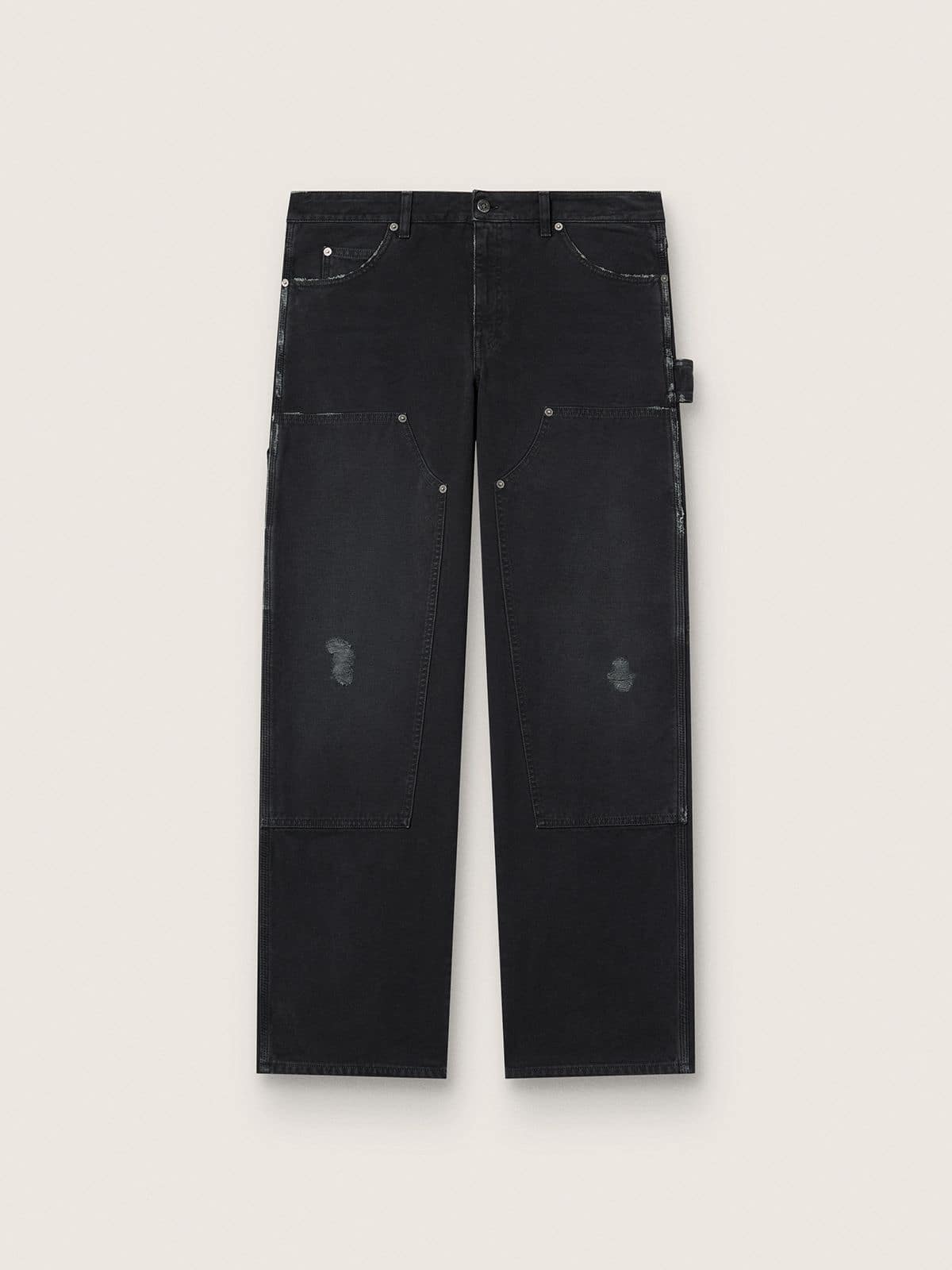 Men's distressed black cotton jeans with front patches