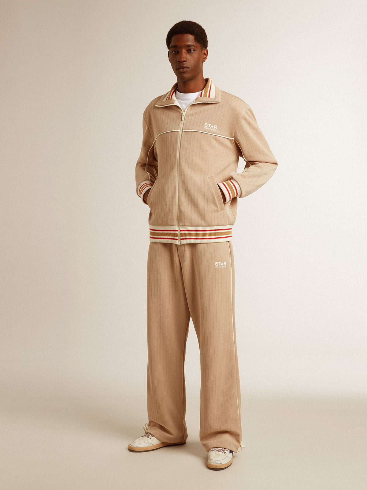 Men’s light beige zipped sweatshirt with white logo