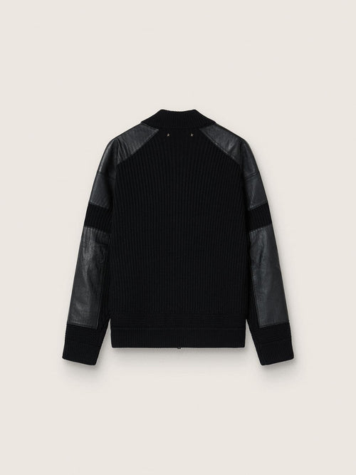 Men's black merino wool jacket with leather patches