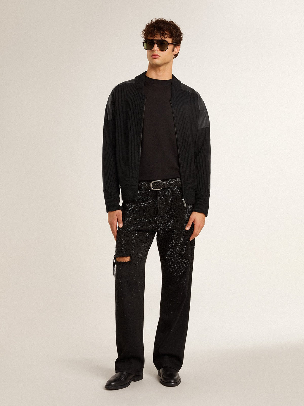 Men's black merino wool jacket with leather patches
