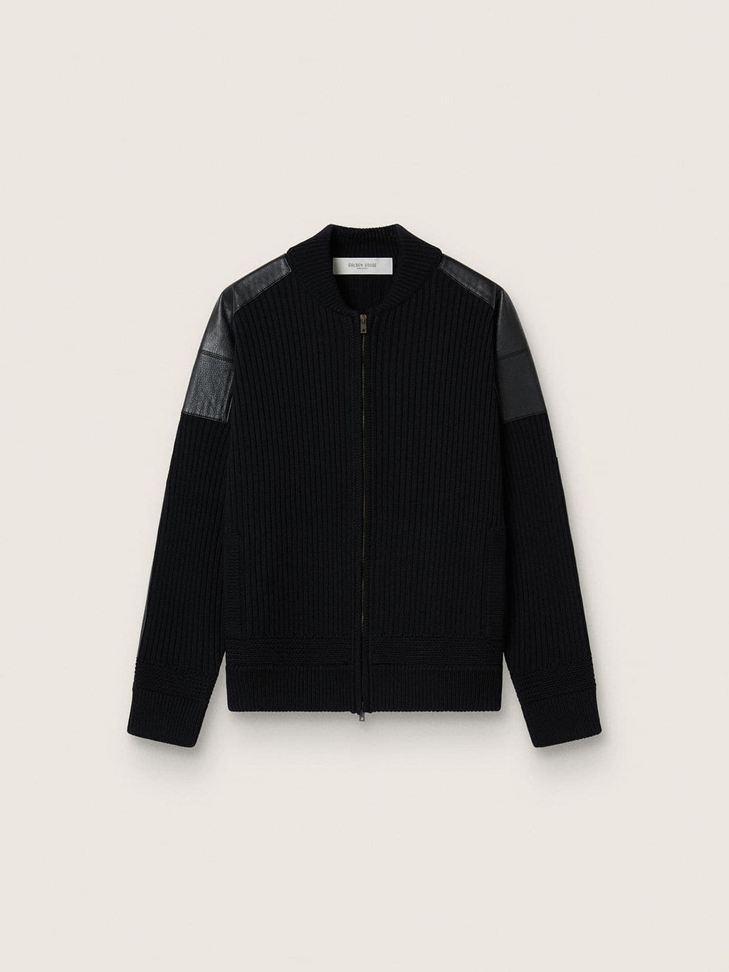 Men's black merino wool jacket with leather patches