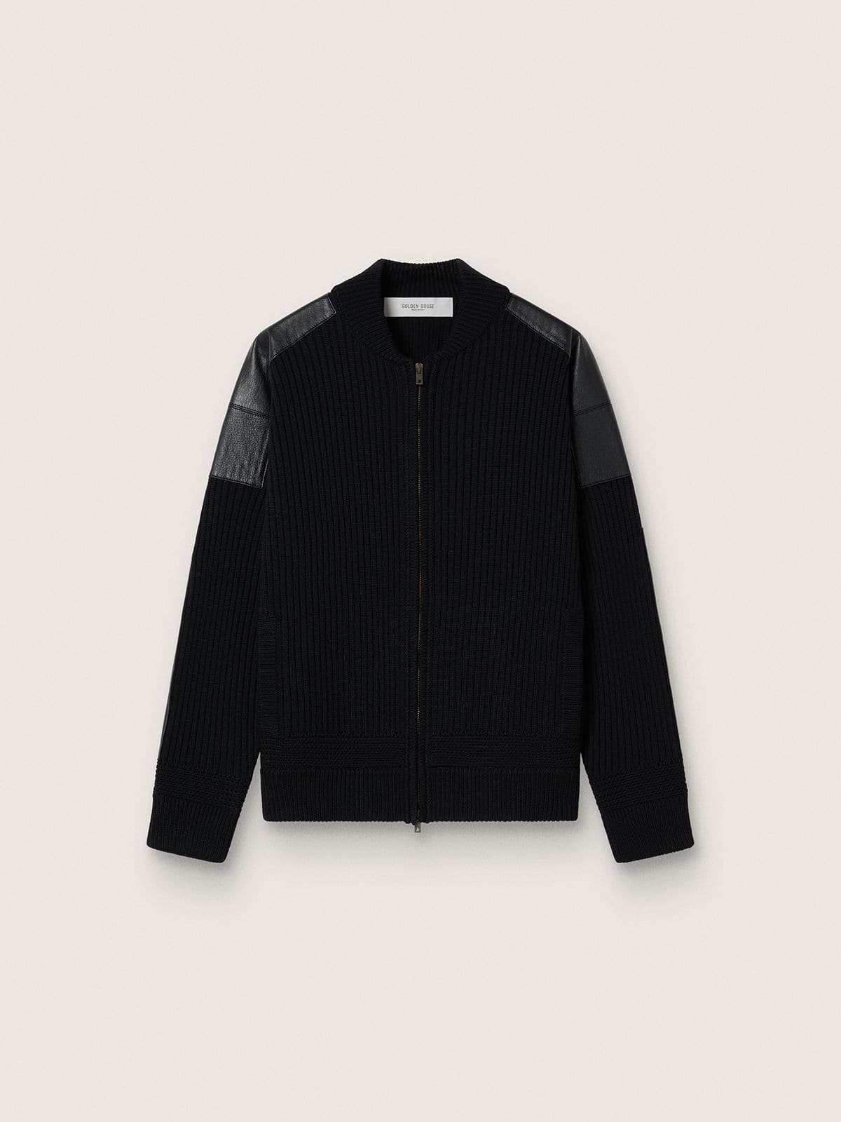 Men's black merino wool jacket with leather patches