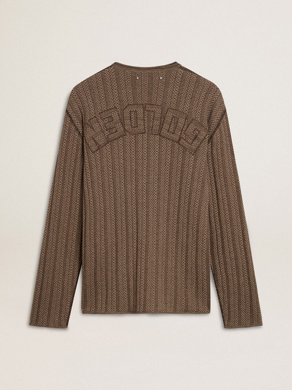 Men's travertine-colored sweater with 'Golden' patch lettering on the back
