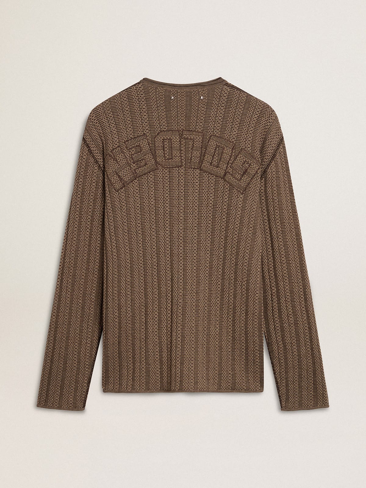 Men's travertine-colored sweater with 'Golden' patch lettering on the back