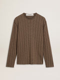 Men's travertine-colored sweater with 'Golden' patch lettering on the back