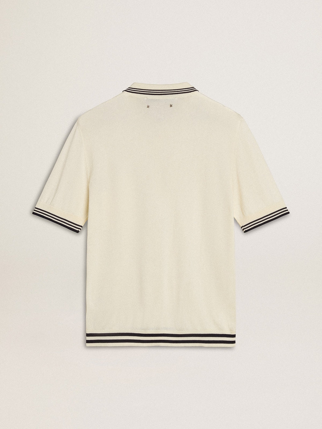 Men's worn-white knitted polo shirt with blue ribbing