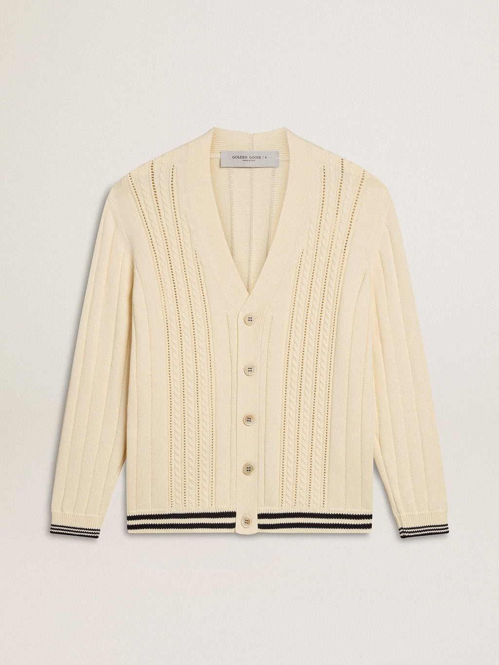 Men's white cotton cardigan with a cable pattern and blue ribbing