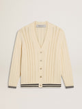 Men's white cotton cardigan with a cable pattern and blue ribbing